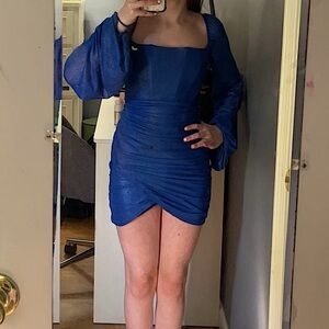 Lucy in the sky sparkly long sleeve homecoming dress in blue